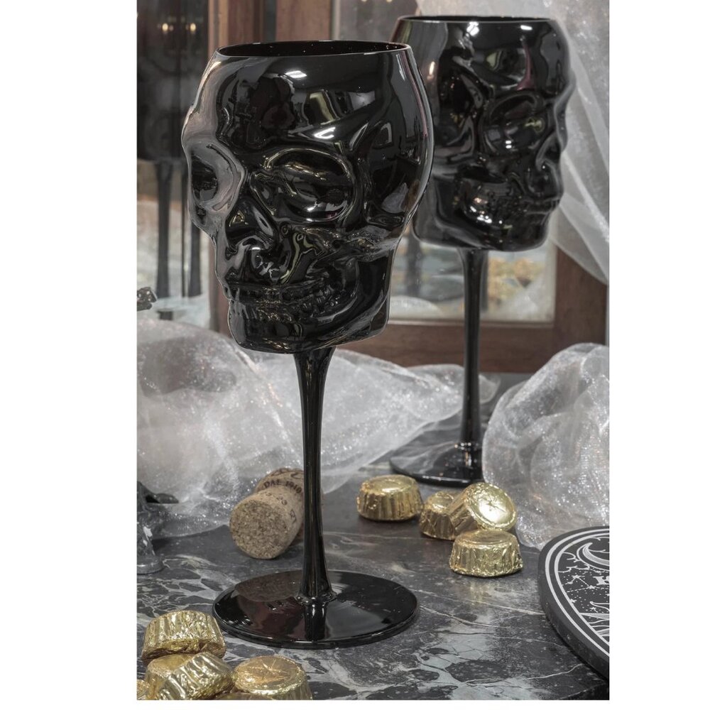 Killstar Cranium Wine Glasses Black Skull Set of 2 Gothic Wedding New In Box
